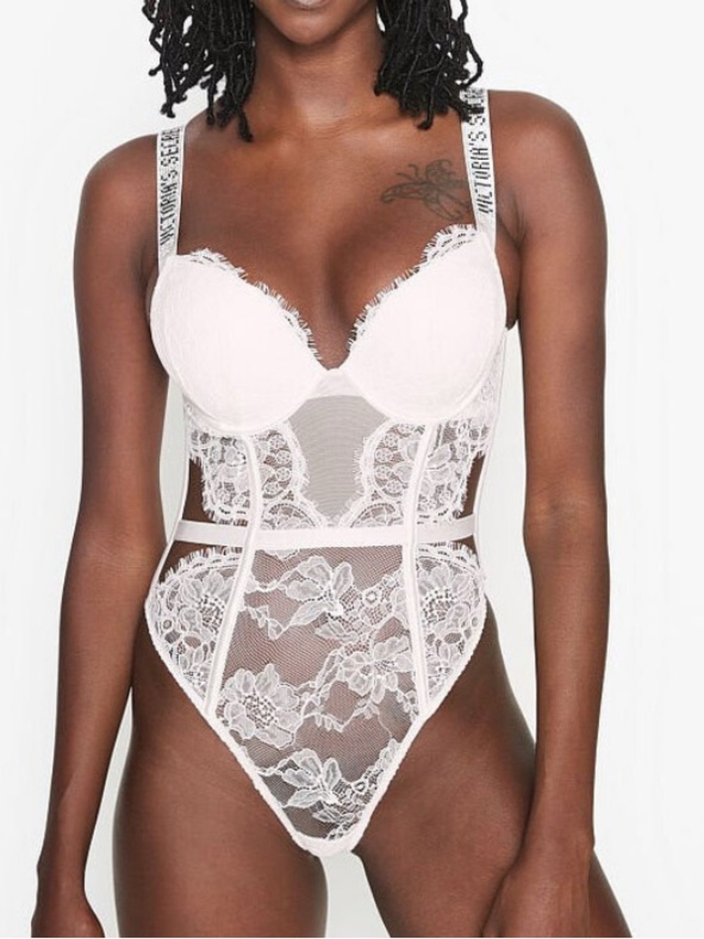 Victoria's Secret Bombshell Shine Strap Lace Teddy in coconut white Sz M